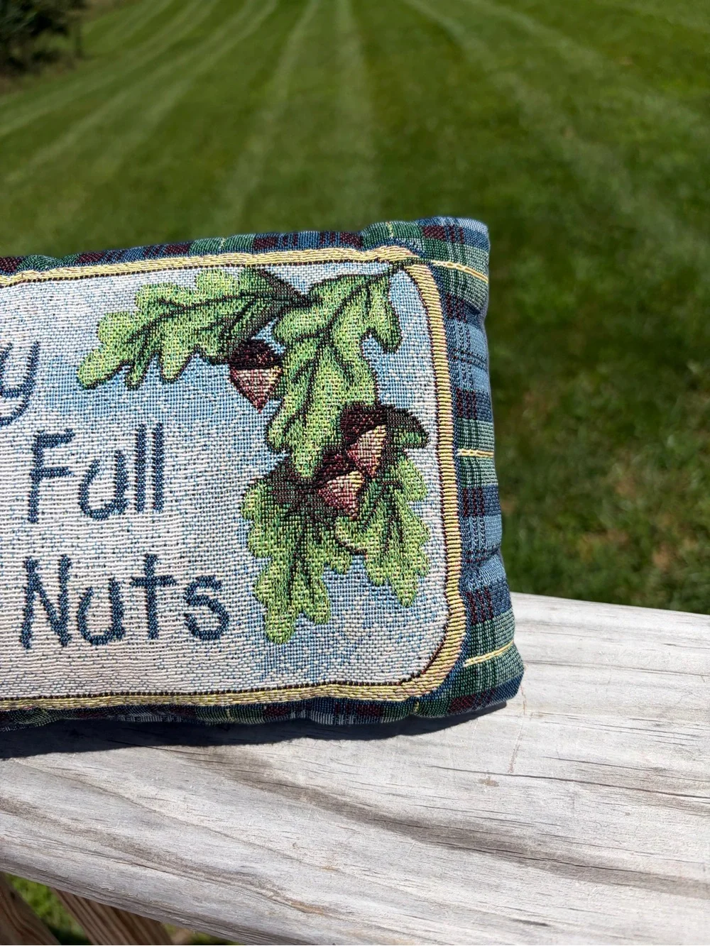 My Family Tree is Full of Nuts Tapestry Oak Leaf Blue Tartan Plaid Lumbar Pillow